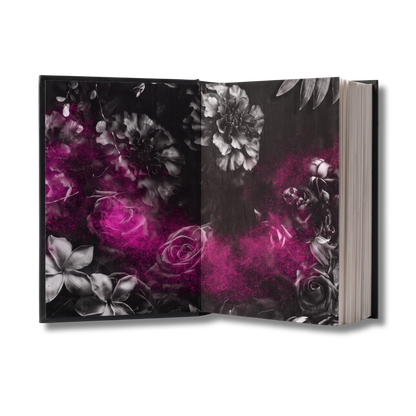 Special edition endpapers of 'Callous Love' by Charmaine Pauls, featuring a floral design in grayscale and vivid magenta pink splatter accents.