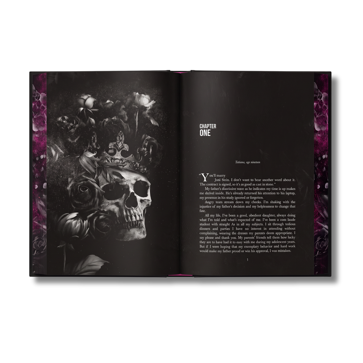 Special edition first chapter pages of 'Callous Love' by Charmaine Pauls, showing a dark gothic-style illustrated page with a skull, roses, and a crown on the left, and a text page titled 'CHAPTER ONE' on the right.
