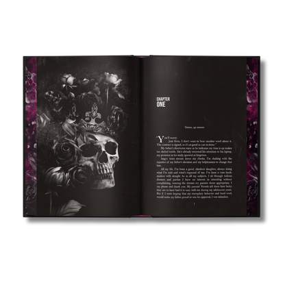 Special edition first chapter pages of 'Callous Love' by Charmaine Pauls, showing a dark gothic-style illustrated page with a skull, roses, and a crown on the left, and a text page titled 'CHAPTER ONE' on the right.