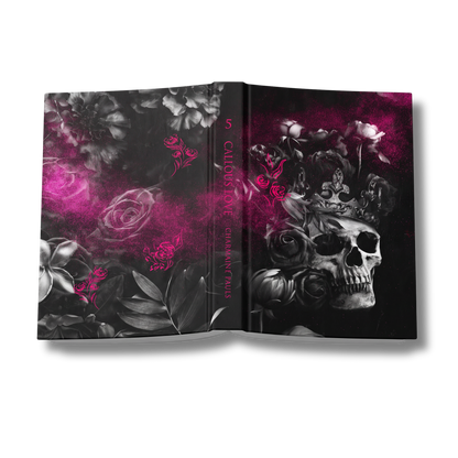 Special edition hardcover book of 'Callous Love' by Charmaine Pauls shown open flat. The cover features a black-and-white skull and floral illustration with vivid hot pink accents.