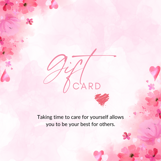 Gift card design with pink floral elements and a motivational quote.