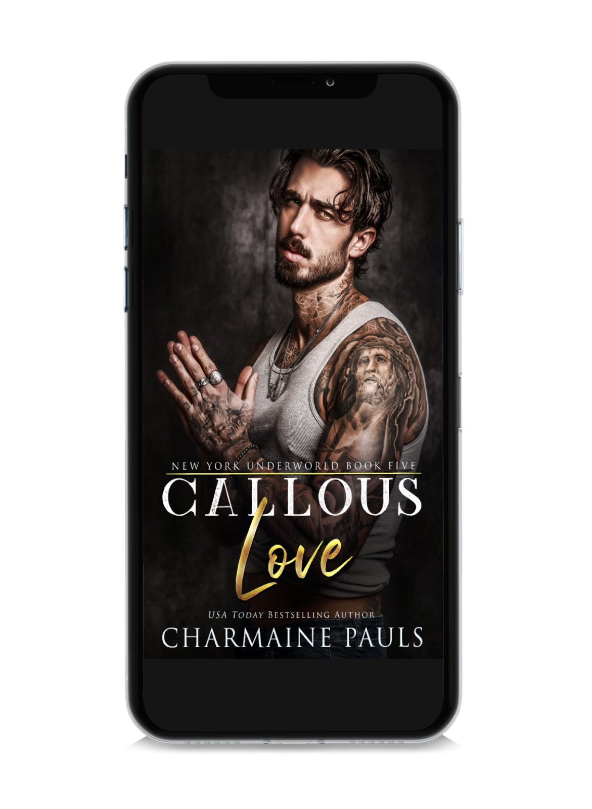 A cell phone displaying the book cover of 'Callous Love' by Charmaine Pauls.