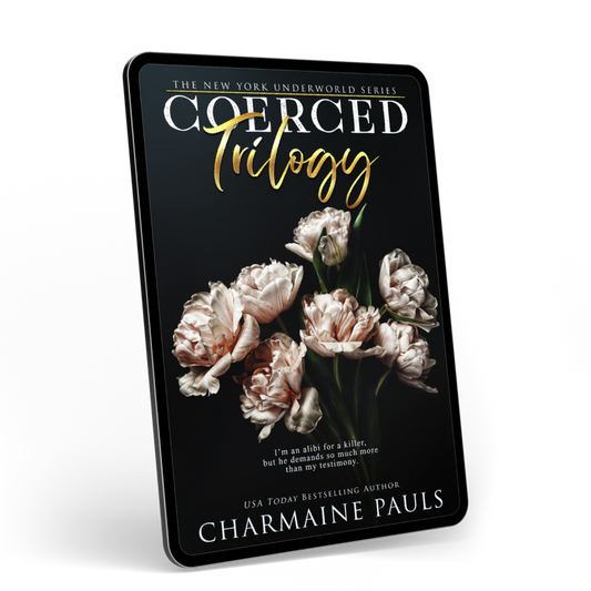 A tablet with the book cover for 'The New York Underworld Series: Coerced Trilogy' by Charmaine Pauls, featuring a black background with white and gold typography and a cluster of pale pink peonies in the center.