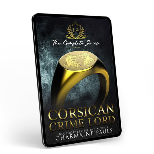 A 3D ebook cover mockup for 'Corsican Crime Lord' by Charmaine Pauls, featuring a gold signet ring on a dark textured background with gold lettering.